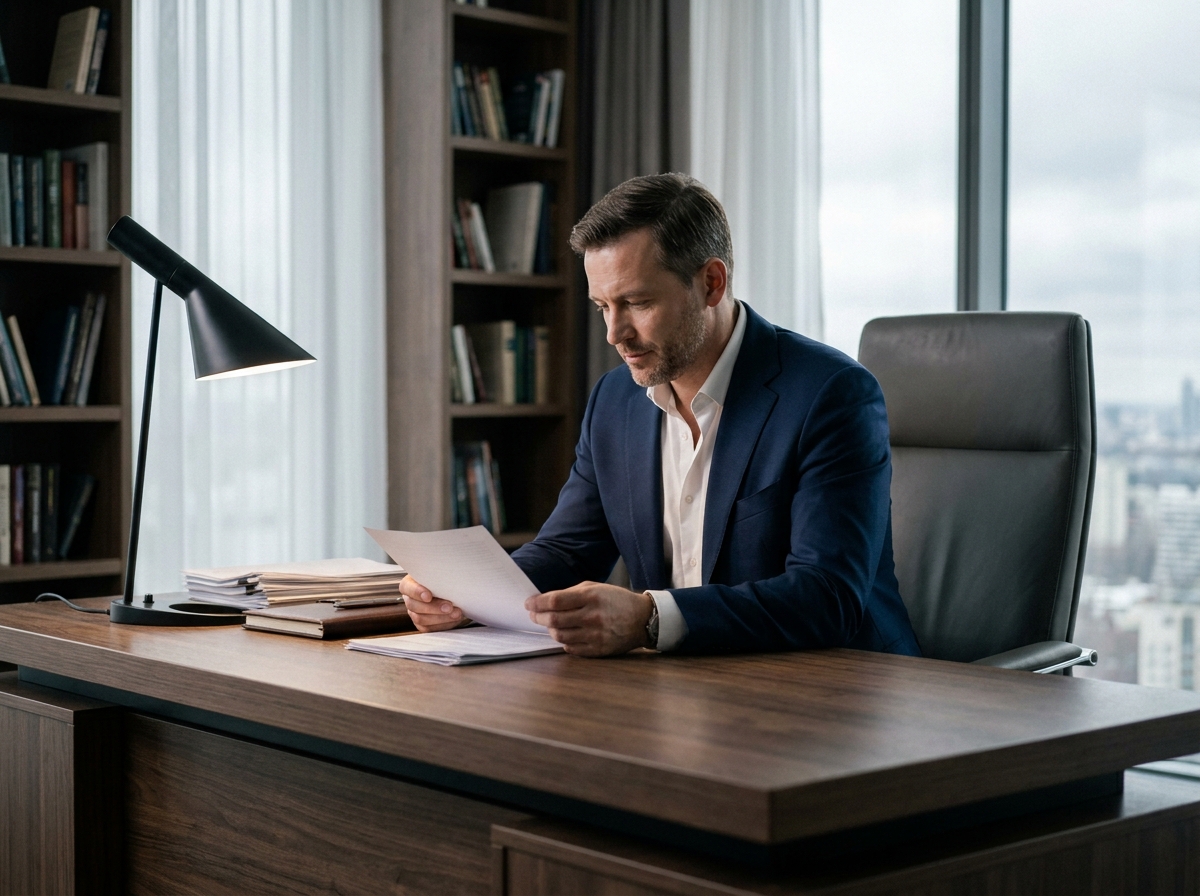 Dirigeant en costume marine assis à un bureau en noyer dans un bureau exécutif moderne avec bibliothèque et vue sur la ville