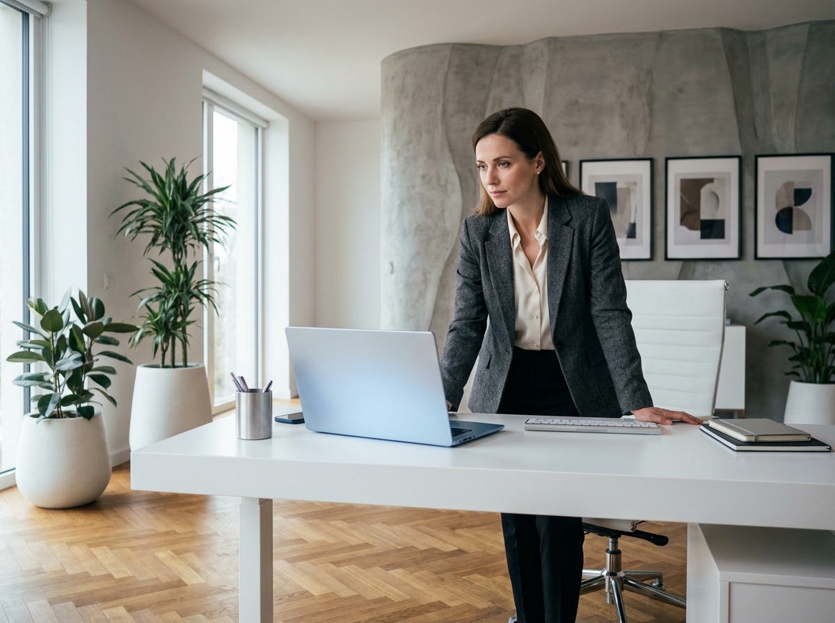 Femme dirigeante en blazer gris debout devant un bureau blanc minimaliste avec parquet en chêne et plantes architecturales