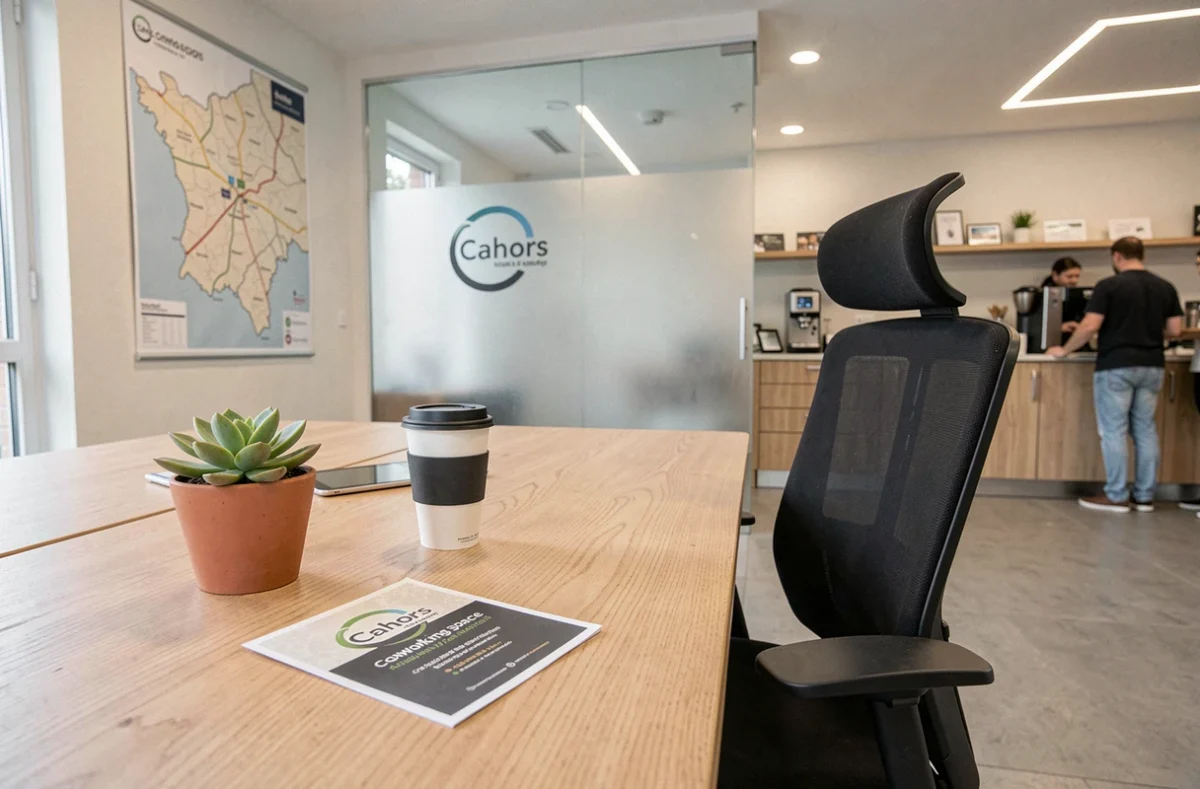 Bureau libre dans un espace de coworking moderne à Cahors avec accueil et carte locale en arrière-plan