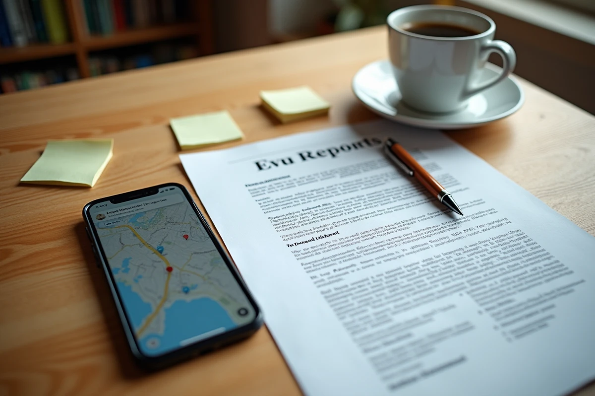 Vue de dessus d'un bureau avec un rapport juridique imprimé, un smartphone géolocalisé et des preuves photos horodatées pour automatiser la documentation légale