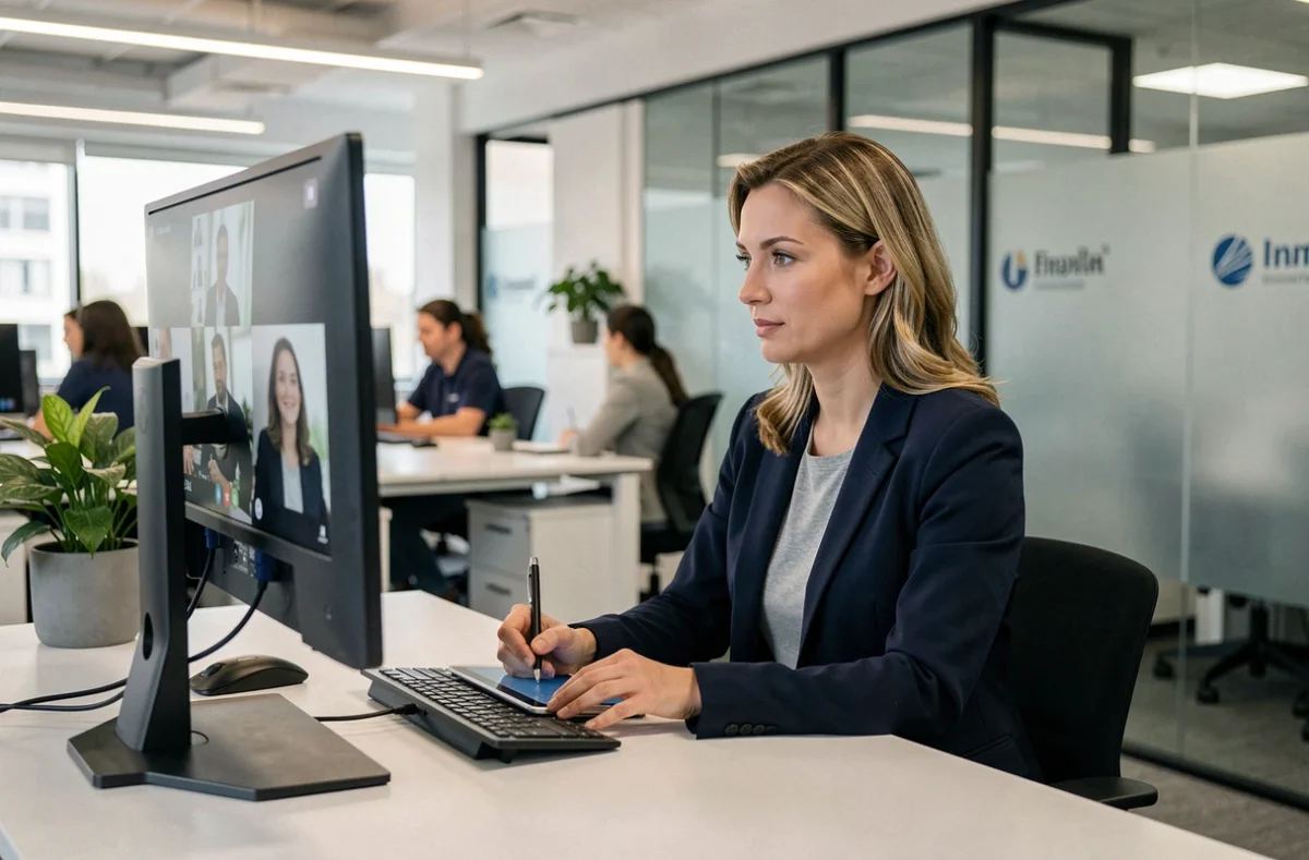 Cadre dirigeante en réunion vidéo dans un open space moderne, illustrant les nouveaux services de communication après intégration dans un groupe