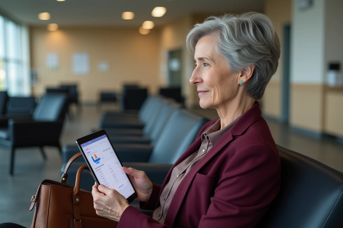 Cadre de la région utilisant une tablette pour accéder à l'intranet mobile en salle d'attente