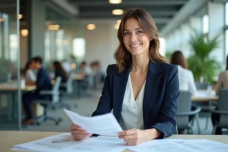 Candidate professionnelle B2B examinant des offres d'emploi dans un bureau moderne