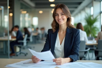 Candidate professionnelle B2B examinant des offres d'emploi dans un bureau moderne