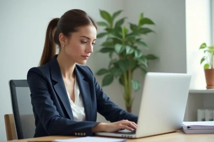 Femme professionnelle consultant des offres d'emploi en ligne sur un ordinateur portable pour candidater sur Kuenel Nagel