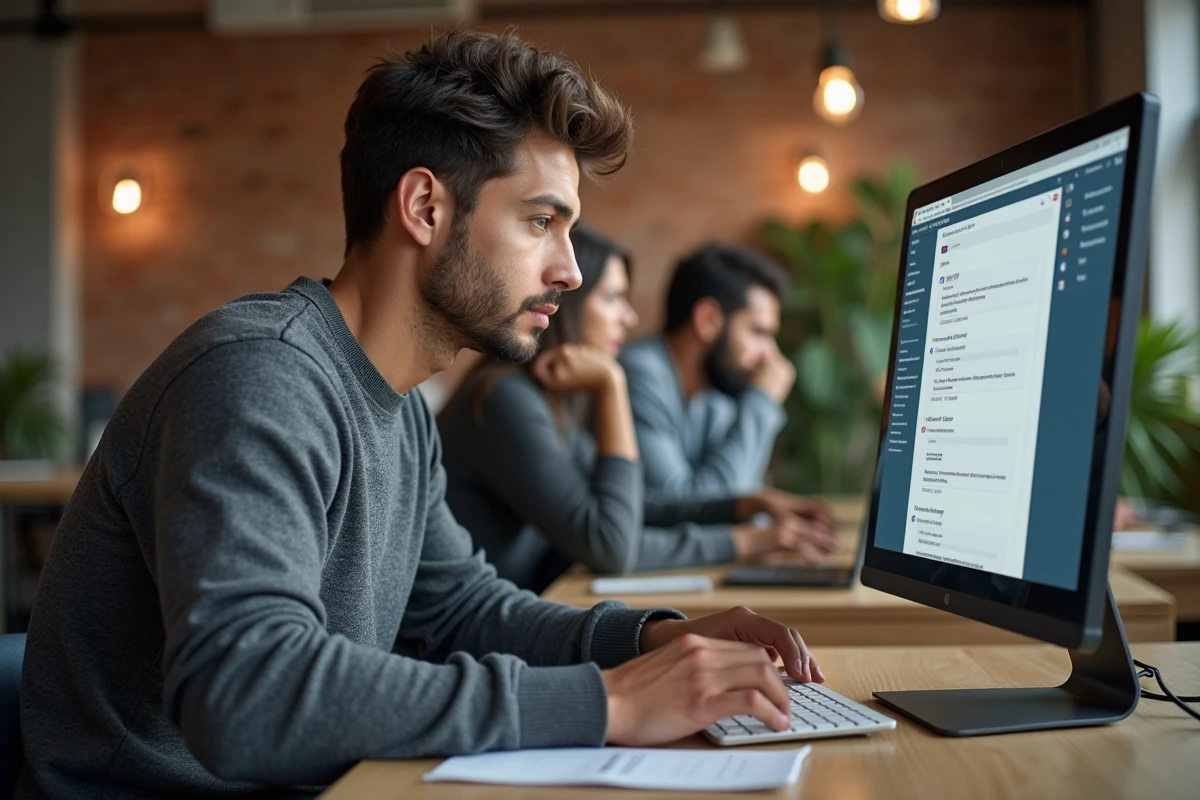 Homme en espace de co-working complétant une candidature en ligne pour un poste logistique sur une plateforme d'emploi