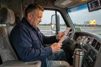Chauffeur de poids lourd de nuit examinant sa fiche de paie dans la cabine de son camion semi-remorque sur une aire de repos