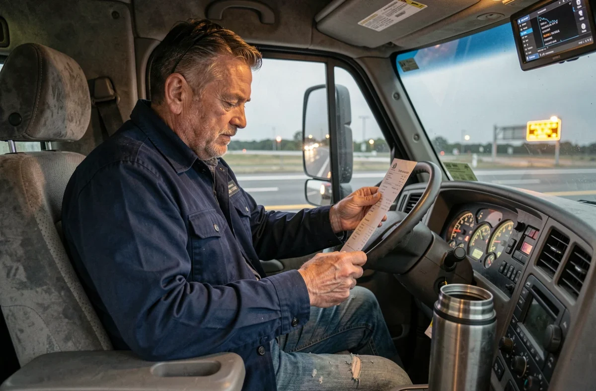 Chauffeur de poids lourd de nuit examinant sa fiche de paie dans la cabine de son camion semi-remorque sur une aire de repos