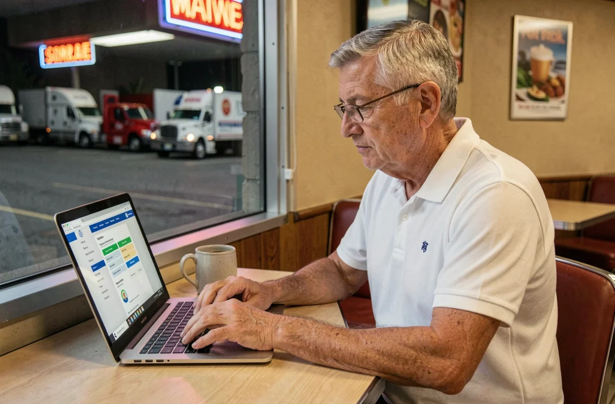 Chauffeur routier calculant son salaire de nuit sur un ordinateur portable dans un relais routier, avec des camions visibles par la fenêtre