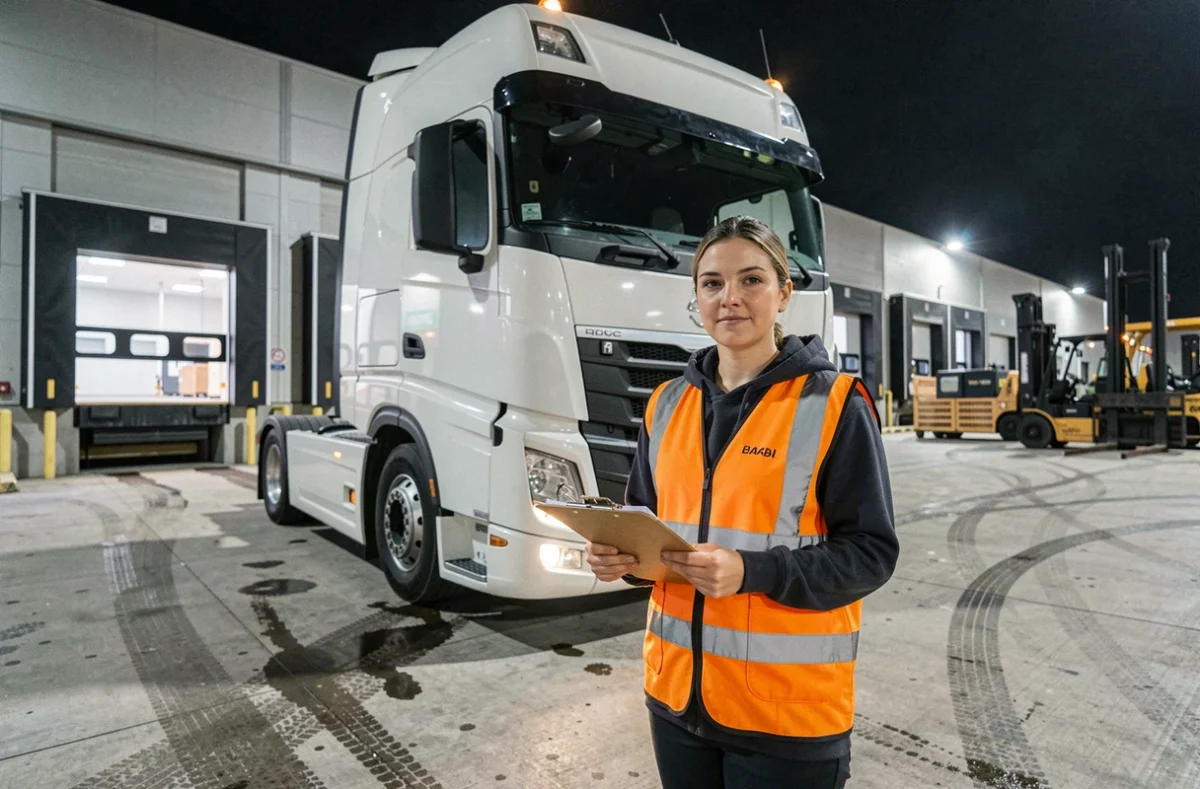 Chauffeuse poids lourd en tenue de travail devant son camion dans un entrepôt logistique la nuit, tenant un document de transport