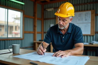 Chef de chantier en casque jaune examinant attentivement un devis BTP dans un bureau de chantier