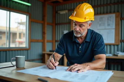 Chef de chantier en casque jaune examinant attentivement un devis BTP dans un bureau de chantier