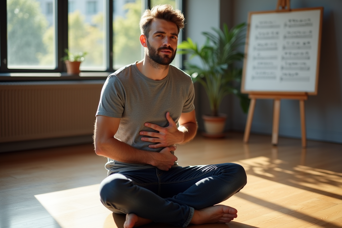 Jeune coach vocal montrant la respiration diaphragmatique