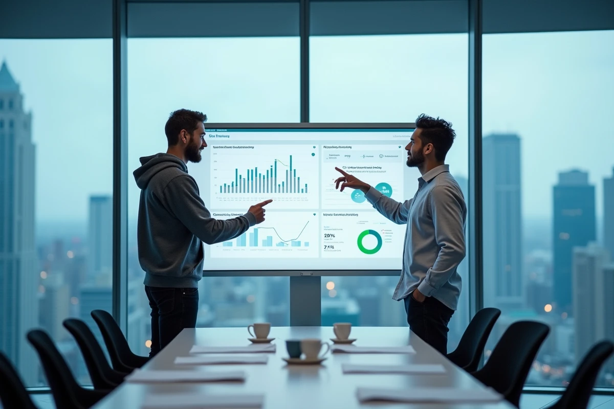 Deux co-fondateurs de startup analysant les données de croissance de leur entreprise sur un écran interactif dans un accélérateur technologique
