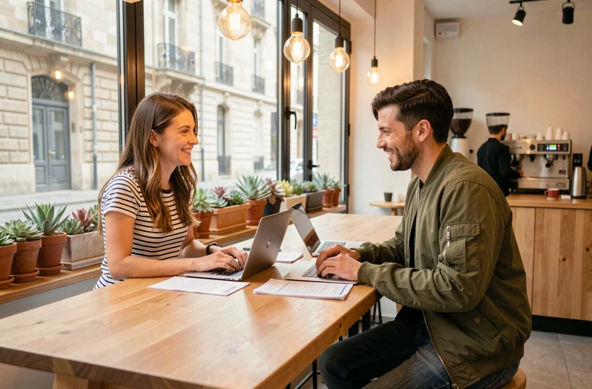 Deux jeunes professionnels collaborant dans un espace de coworking avec vue sur la rue à Angoulême