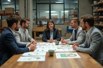 Équipe de professionnels collaborant autour d'une table avec des schémas d'économie circulaire dans un bureau industriel moderne