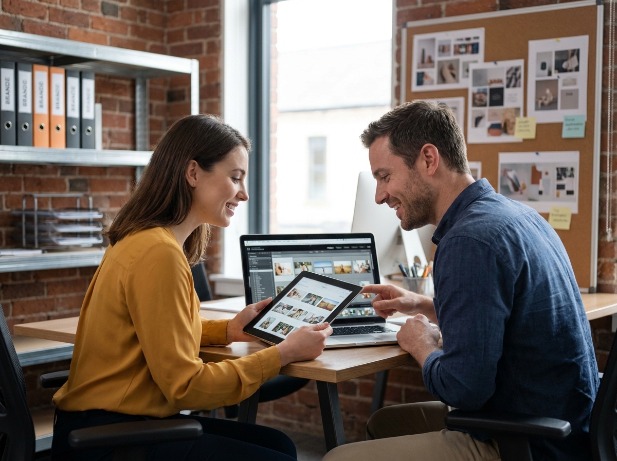 Deux collègues collaborant sur la gestion d'une photothèque d'entreprise avec une tablette et un ordinateur portable