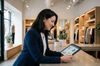 Commerciale analysant un programme de fidélité personnalisé sur une tablette dans une boutique moderne
