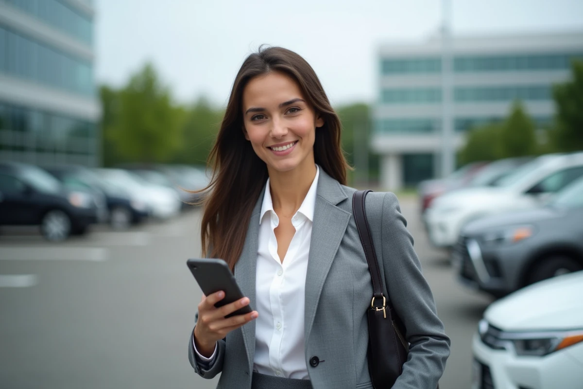 Commerciale terrain consultant son application CRM sur smartphone entre deux rendez-vous clients dans une zone d'activité