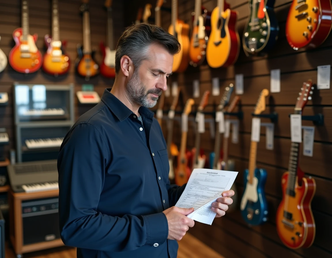 Client comparant des instruments en magasin avec une commande Thomann à la main