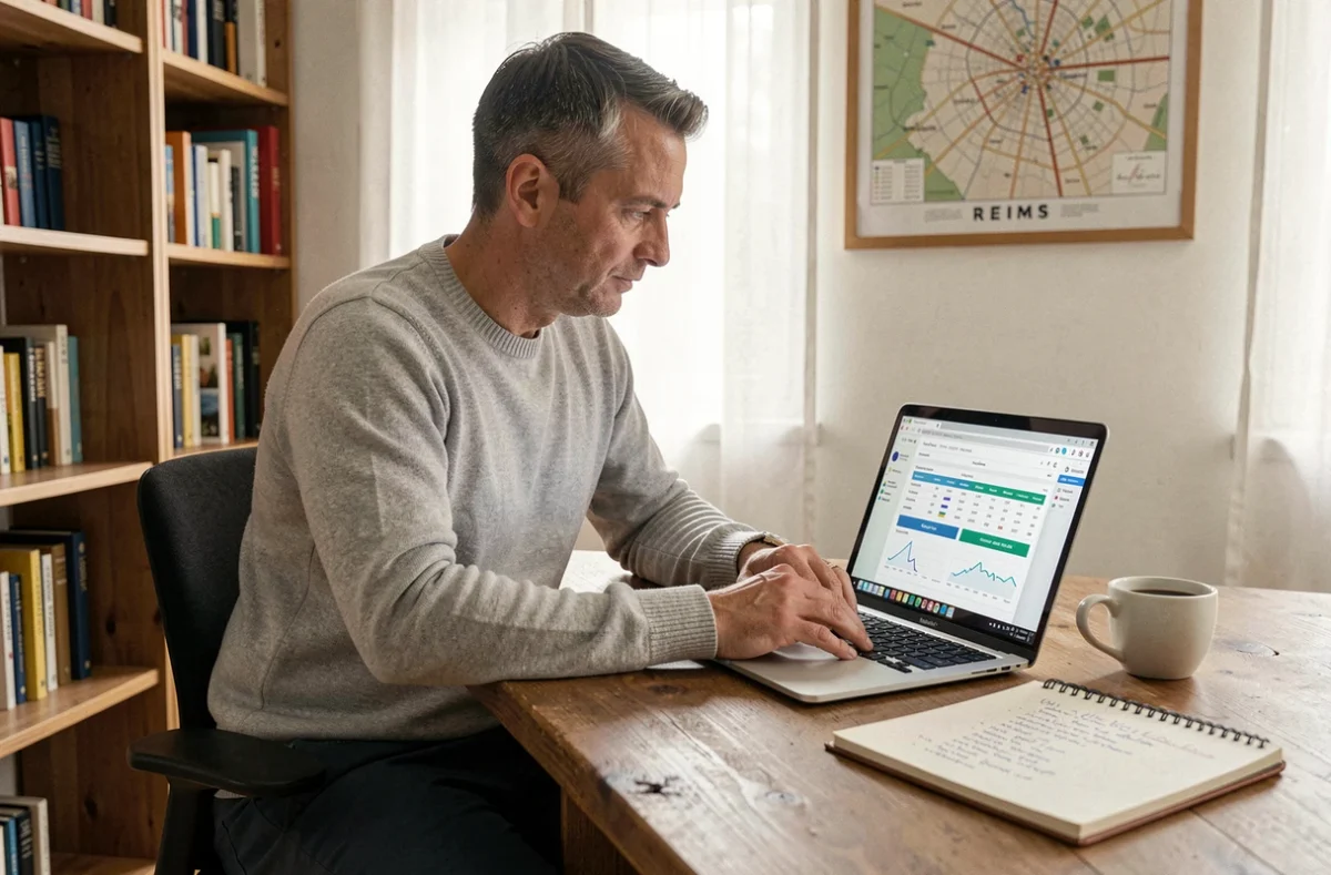 Freelance en télétravail comparant des sociétés de portage salarial sur son ordinateur dans son bureau à domicile à Reims