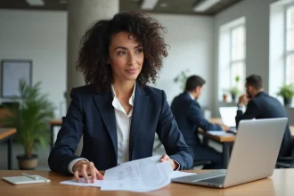 Conseillère en communication analysant un document de conseils médias dans un bureau agence moderne