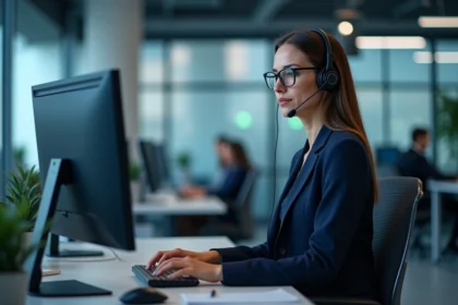 Conseillère clientèle d'une grande entreprise utilisant un logiciel de gestion au bureau