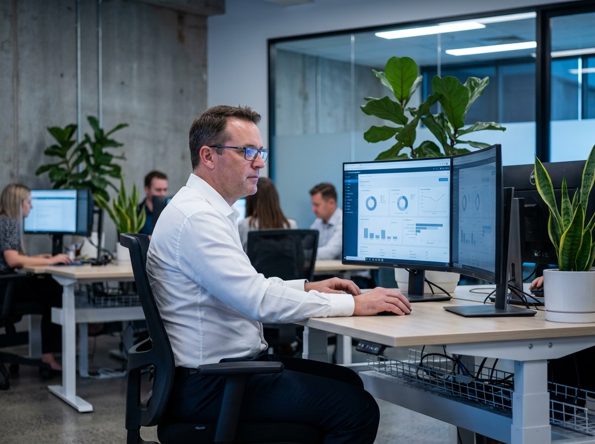 Consultant IT professionnel analysant des tableaux de bord numériques sur deux écrans dans un bureau moderne Septeo IT Solutions