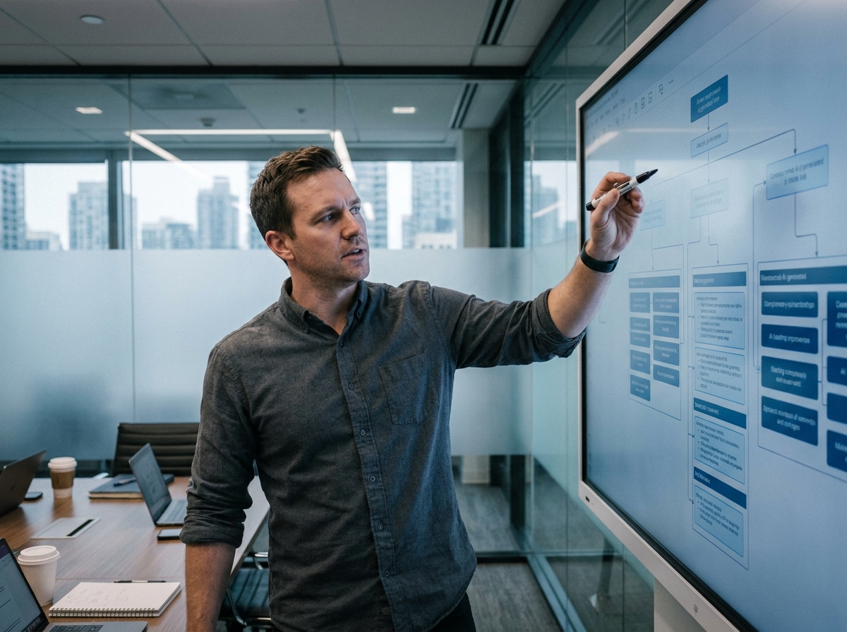 Consultant masculin debout devant un tableau numérique affichant un cahier des charges structuré par IA, geste explicatif lors d'une réunion professionnelle