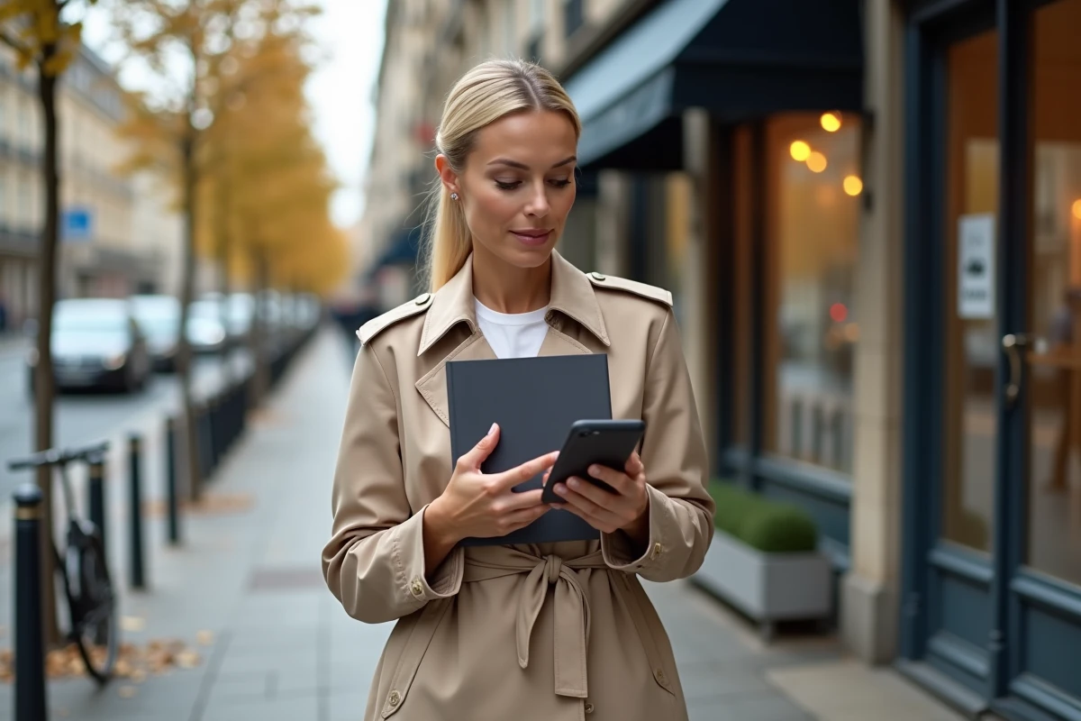 Consultante en communication devant un immeuble d'agence médias parisienne consultant son téléphone