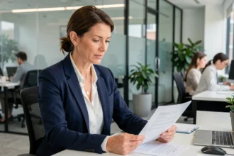 Consultante en portage salarial examinant un contrat dans un bureau moderne, illustrant les critères pour choisir une bonne société de portage