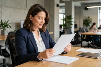Consultante indépendante en portage salarial signant un contrat dans un espace de coworking moderne