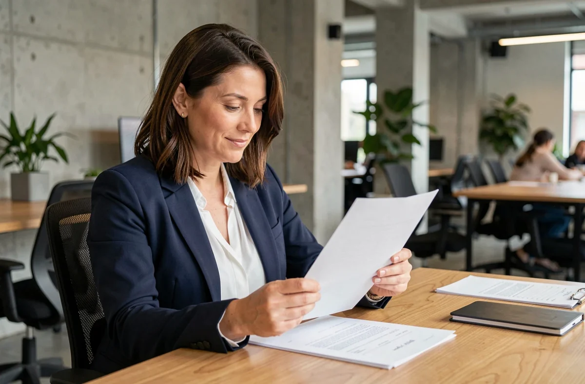 Consultante indépendante en portage salarial signant un contrat dans un espace de coworking moderne