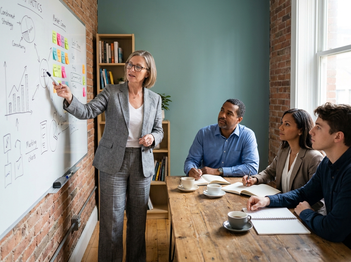 Une consultante en services aux entreprises présente une stratégie sur tableau blanc à une équipe de dirigeants de PME dans une salle de réunion moderne