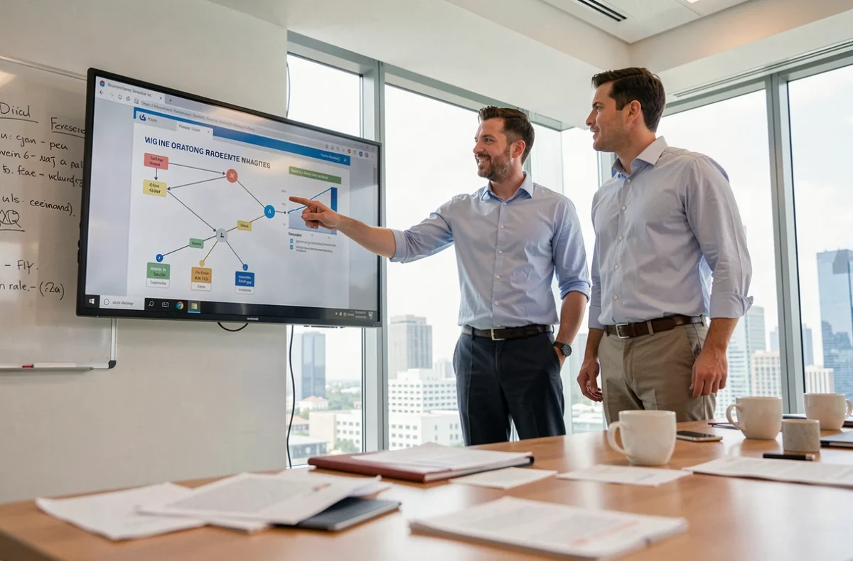 Deux consultants analysant des indicateurs de performance et l'impact client d'une intégration stratégique dans un groupe d'entreprises