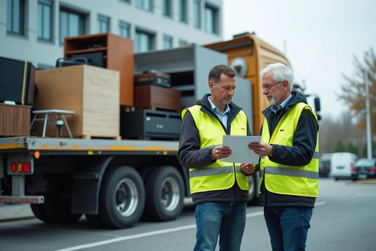 Consultants en gestion des déchets évaluant un chargement de mobilier lors d'un débarras professionnel