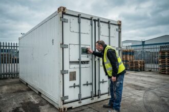 Conteneur frigorifique blanc en acier inoxydable garé dans un entrepôt logistique avec un technicien vérifiant le panneau de contrôle de température