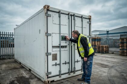 Conteneur frigorifique blanc en acier inoxydable garé dans un entrepôt logistique avec un technicien vérifiant le panneau de contrôle de température
