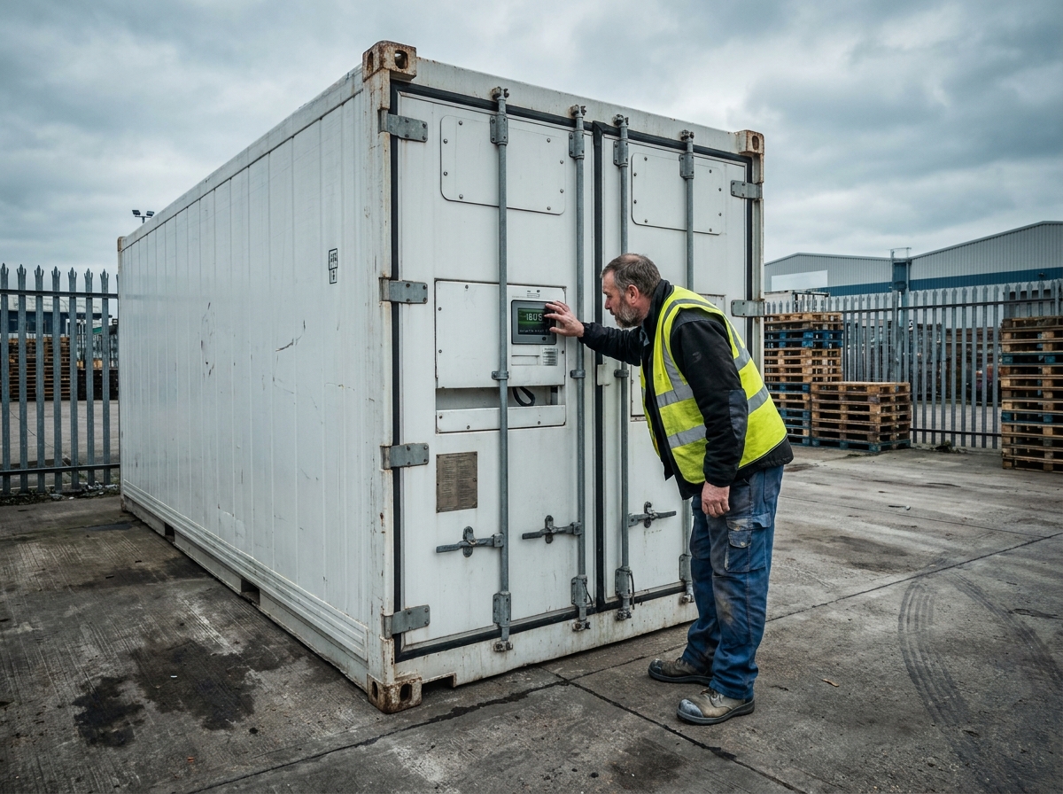 Conteneur frigorifique blanc en acier inoxydable garé dans un entrepôt logistique avec un technicien vérifiant le panneau de contrôle de température