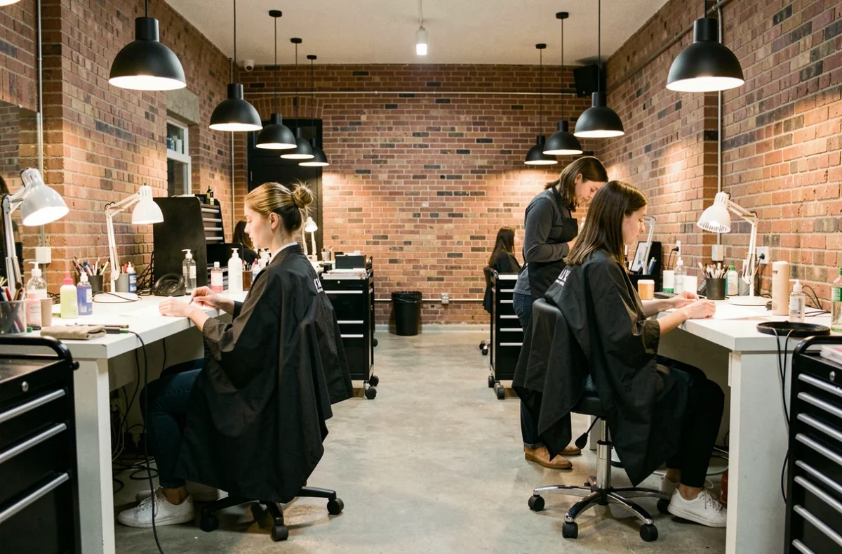Deux professionnelles de la beauté travaillant côte à côte dans un espace de coworking partagé au style industriel