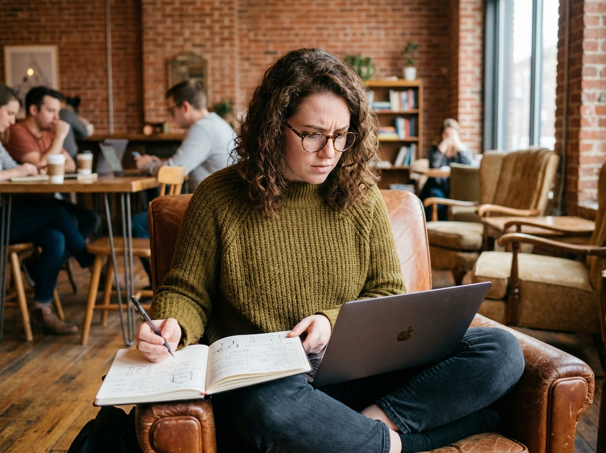 Jeune créatrice comparant ses notes manuscrites originales avec un cahier des charges standardisé généré par une intelligence artificielle dans un espace de coworking