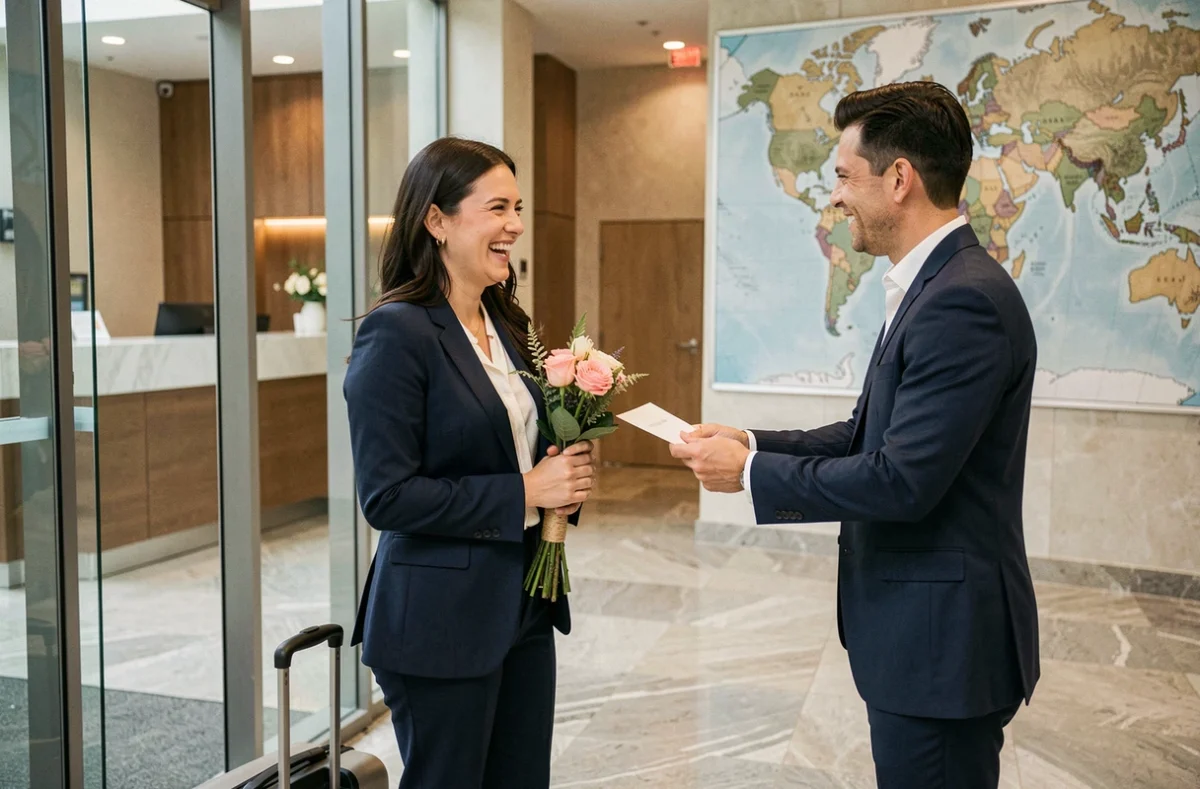 Femme en départ pour l'étranger recevant une carte d'adieu de son collègue dans le hall d'une entreprise