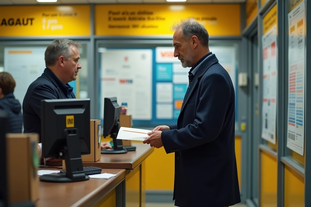 Homme déposant une lettre recommandée avec accusé de réception au guichet de La Poste