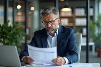 Dirigeant d'entreprise vérifiant ses documents officiels pour protéger son numéro DUNS contre l'usurpation d'identité