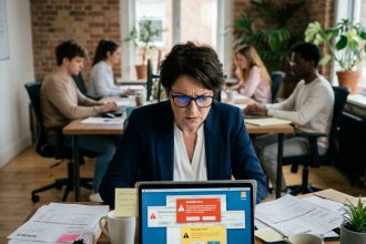 Dirigeante de PME stressée face à des alertes de cybersécurité sur son ordinateur portable dans un bureau modeste
