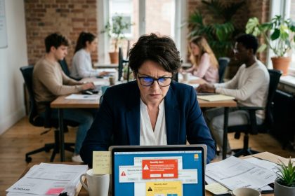 Dirigeante de PME stressée face à des alertes de cybersécurité sur son ordinateur portable dans un bureau modeste