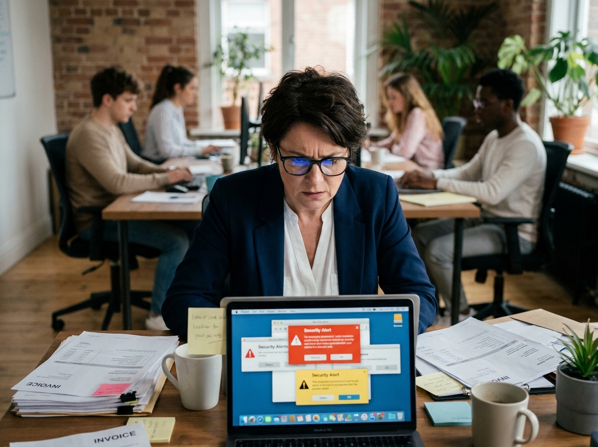 Dirigeante de PME stressée face à des alertes de cybersécurité sur son ordinateur portable dans un bureau modeste