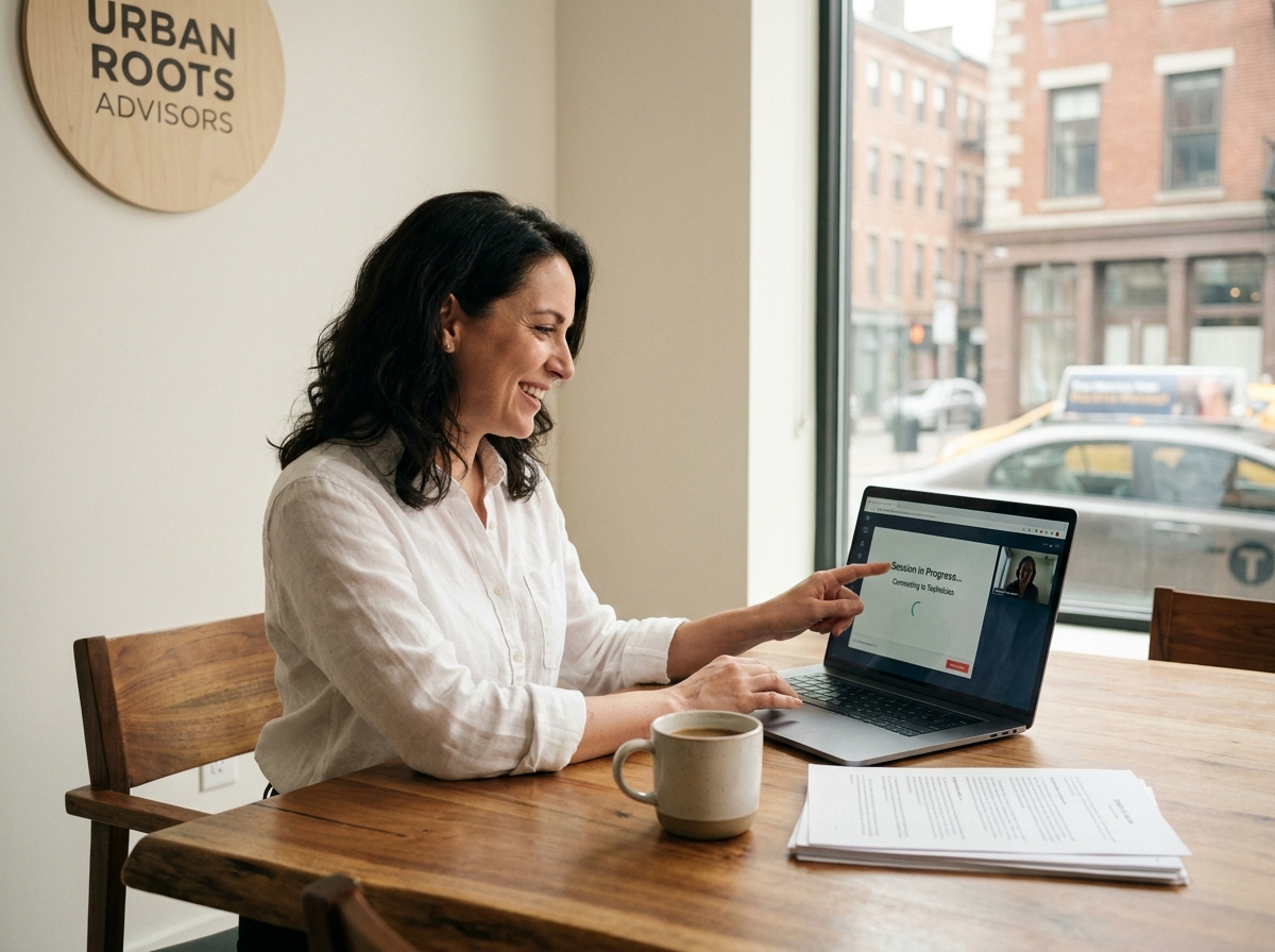 Dirigeante de PME bénéficiant d'une assistance informatique à distance depuis son bureau via un ordinateur portable
