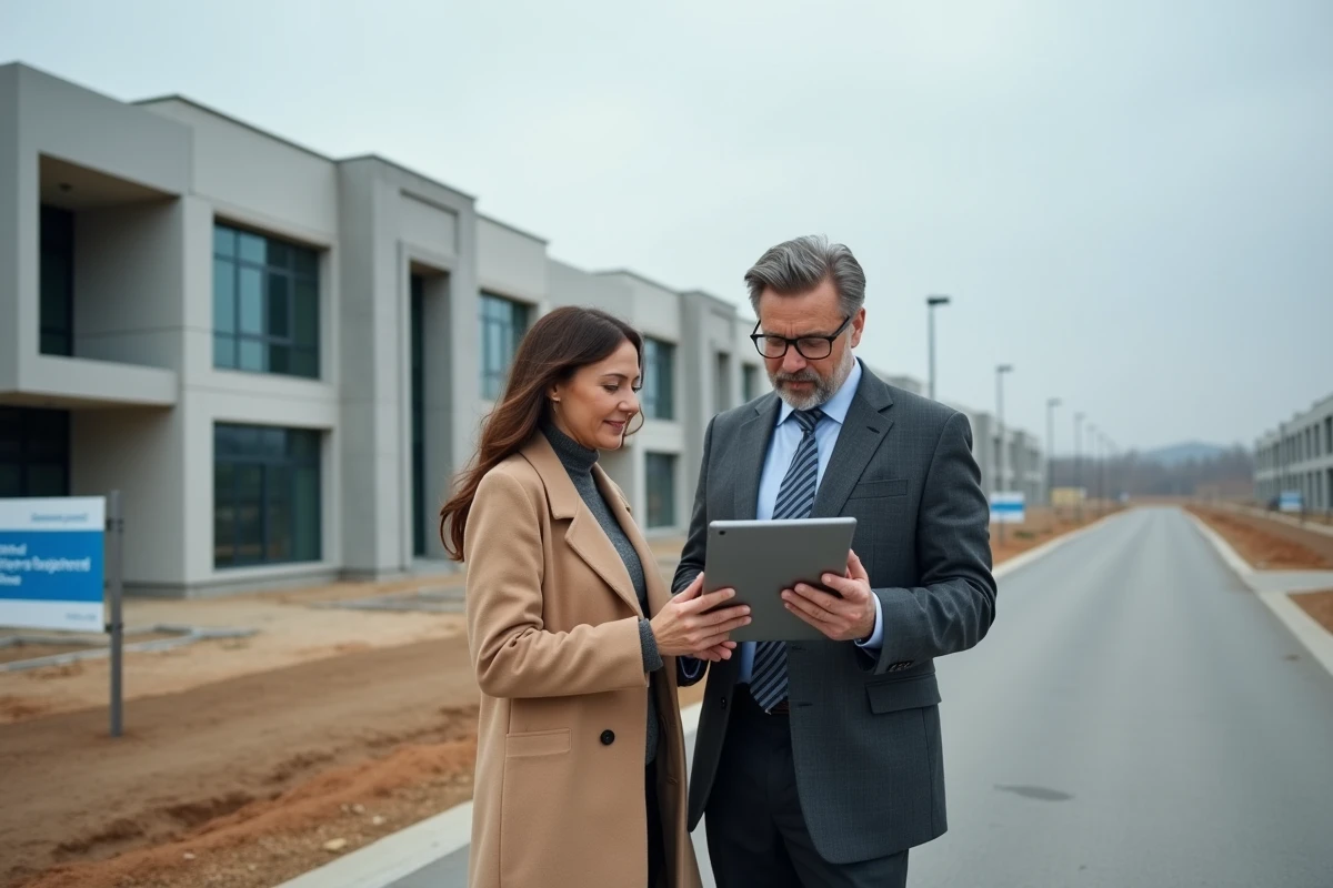Deux dirigeants d'entreprise consultant un portail d'implantation territoriale sur tablette dans une zone d'activité économique