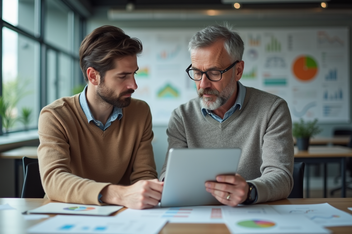 Homme d age discutant de marketing digital avec un collègue